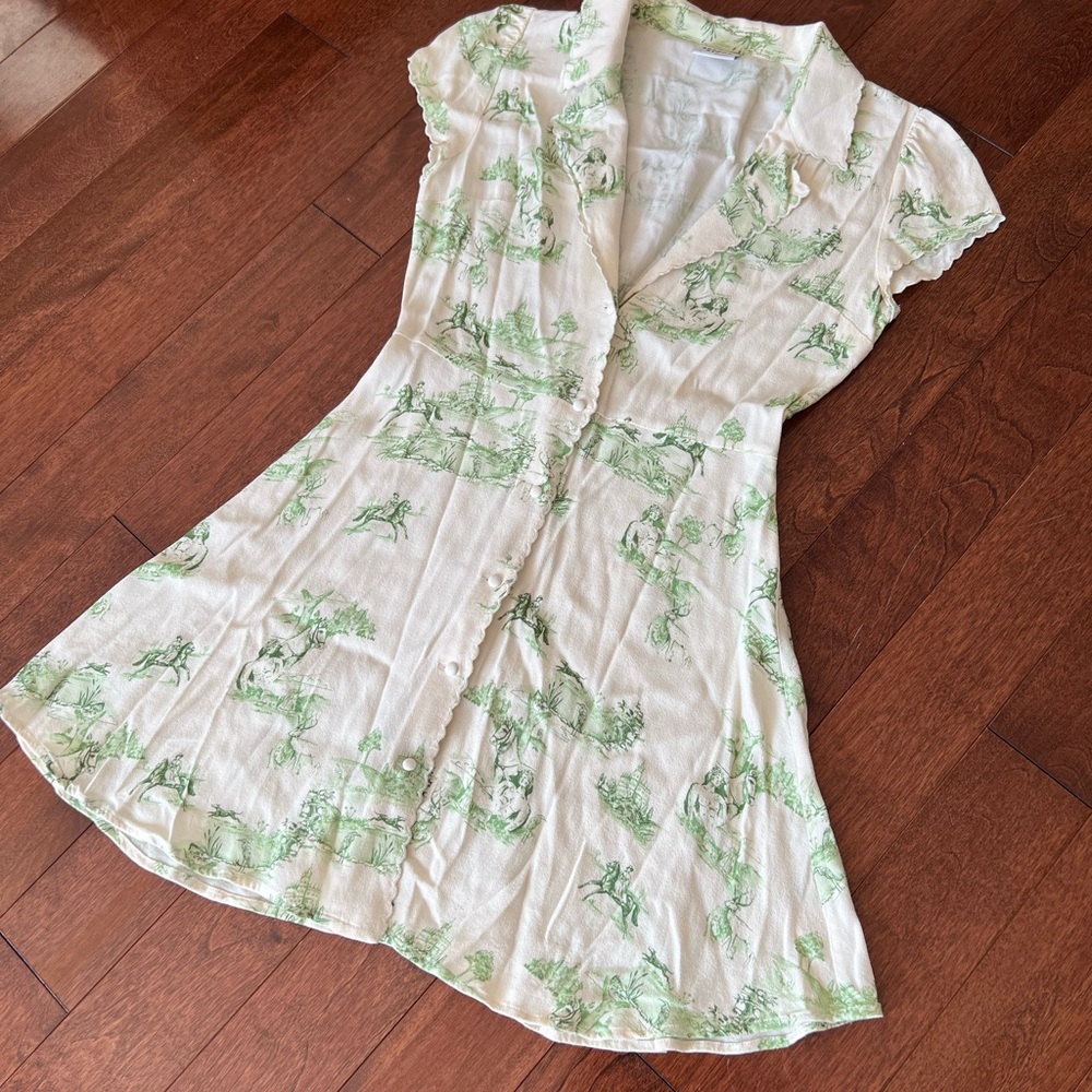 Sunday Best White Mini Dress with Green Toile Print